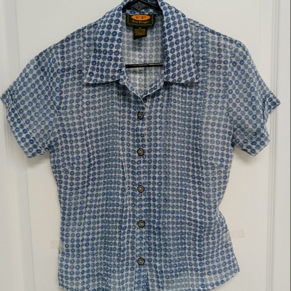 Free People sheer blue print blouse. Size M